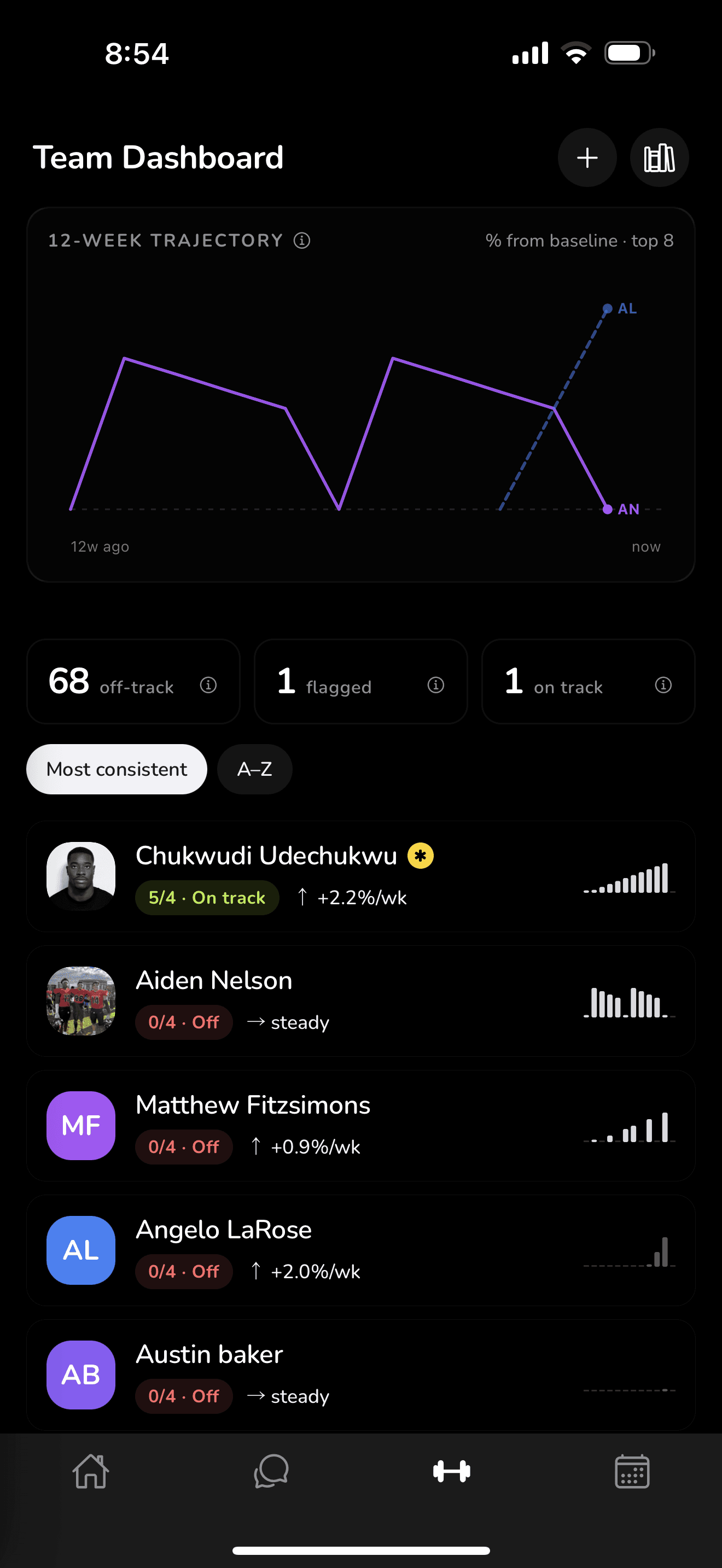 Team dashboard with full roster