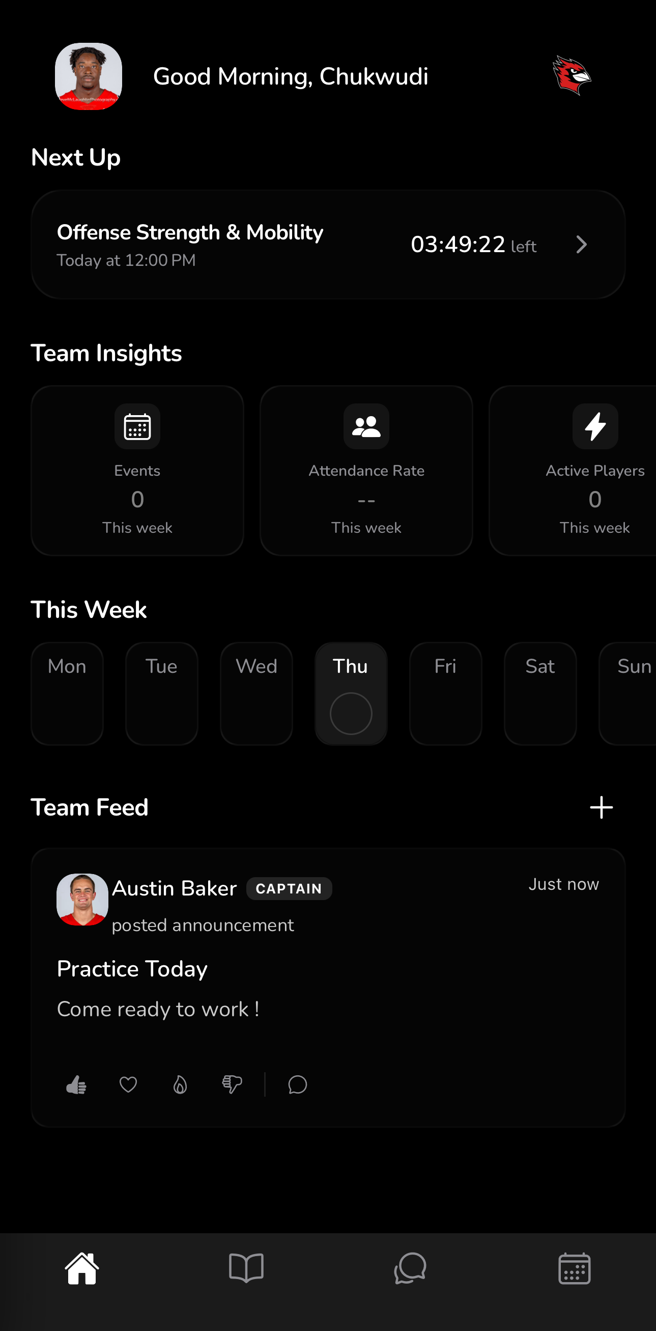 LockerRoom home screen showing team feed, upcoming events, and team insights